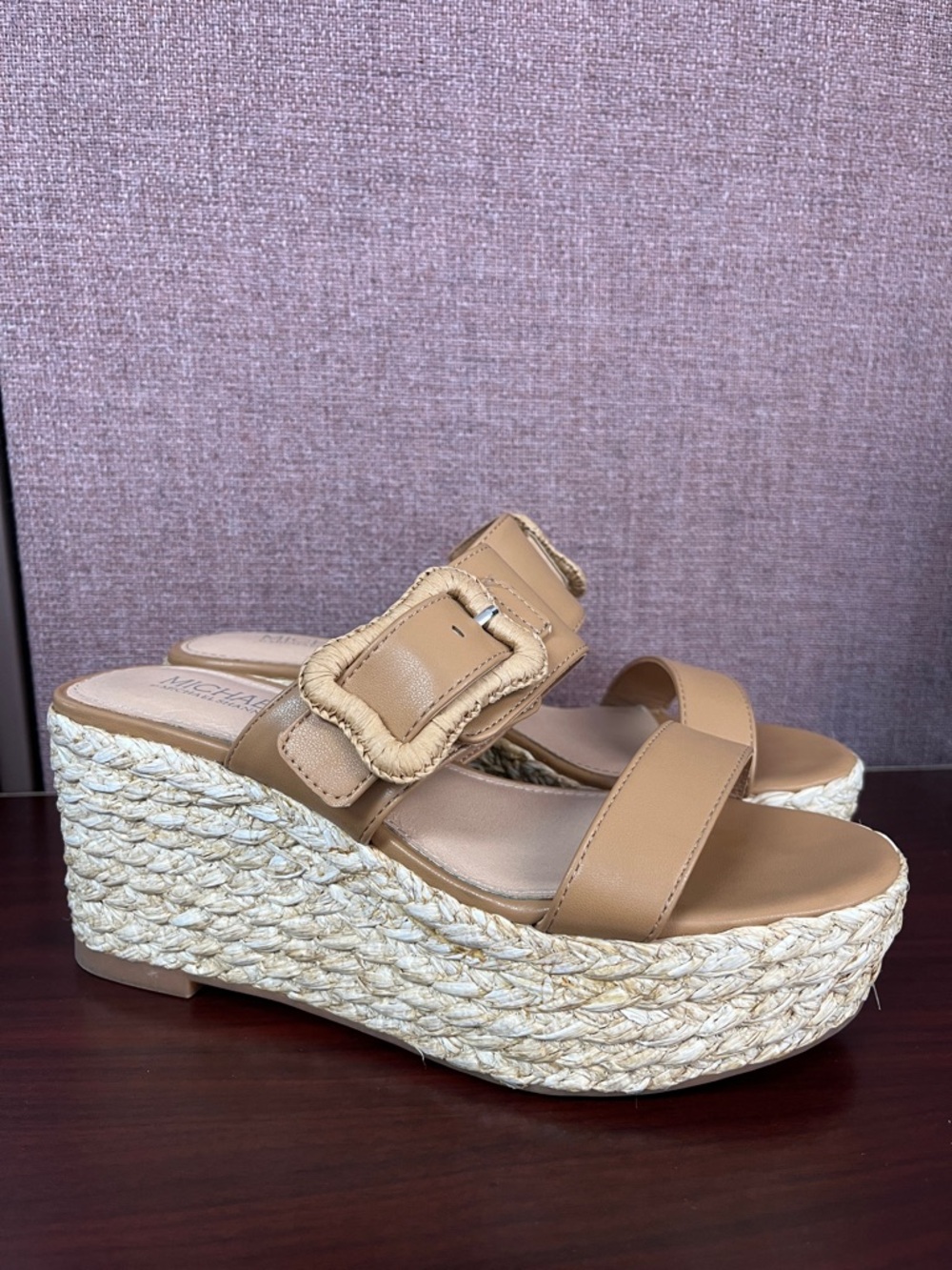 Michael Shannon Women’s Tan Espadrille Wedge Slide Sandals 3 in heel size 7